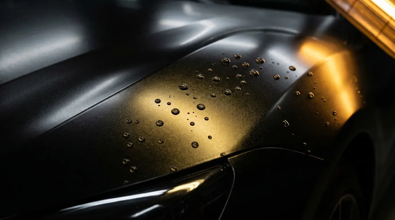 多久能洗車(黃金7天)｜文章封面（深色車體細節、品牌金黑色調，AI 生成示意圖）