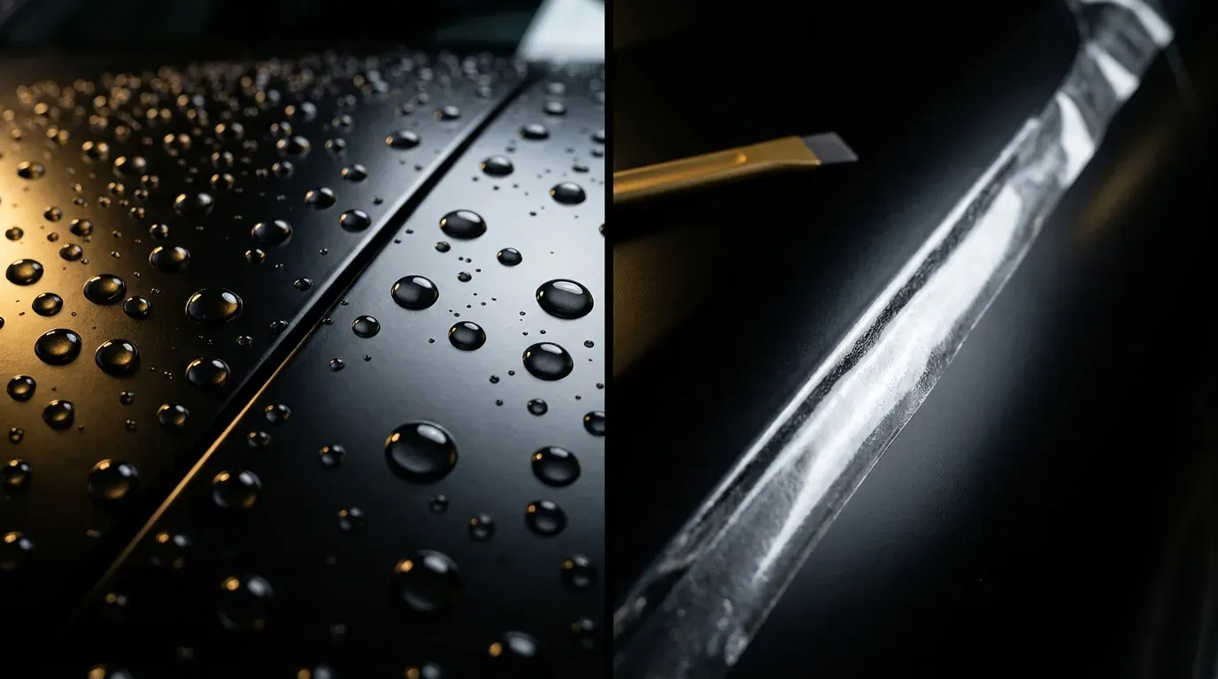 犀牛皮還是鍍膜/能一起做｜文章封面（深色車體細節、品牌金黑色調，AI 生成示意圖）