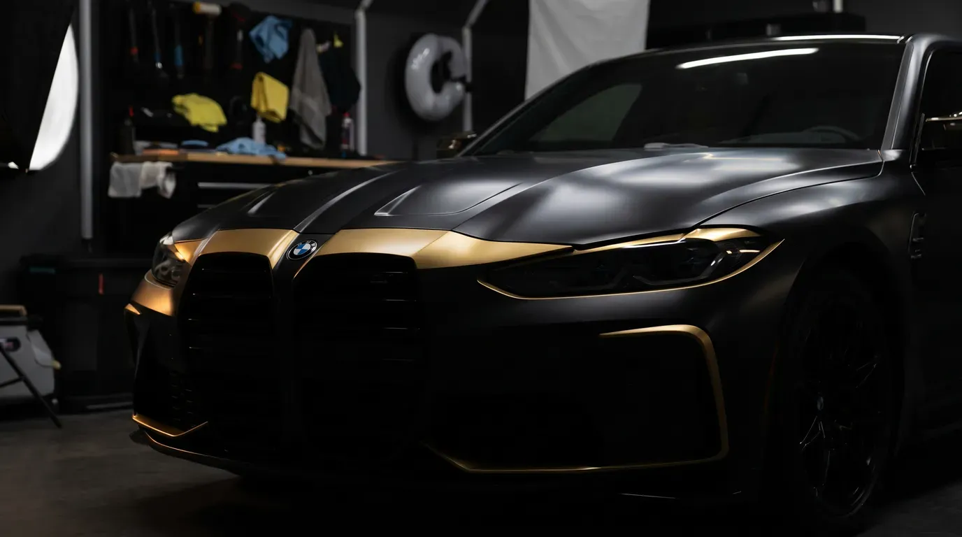 新車前端引擎蓋與保桿迎風面，暗棚金色邊光，象徵新車車主從此處開始保護
